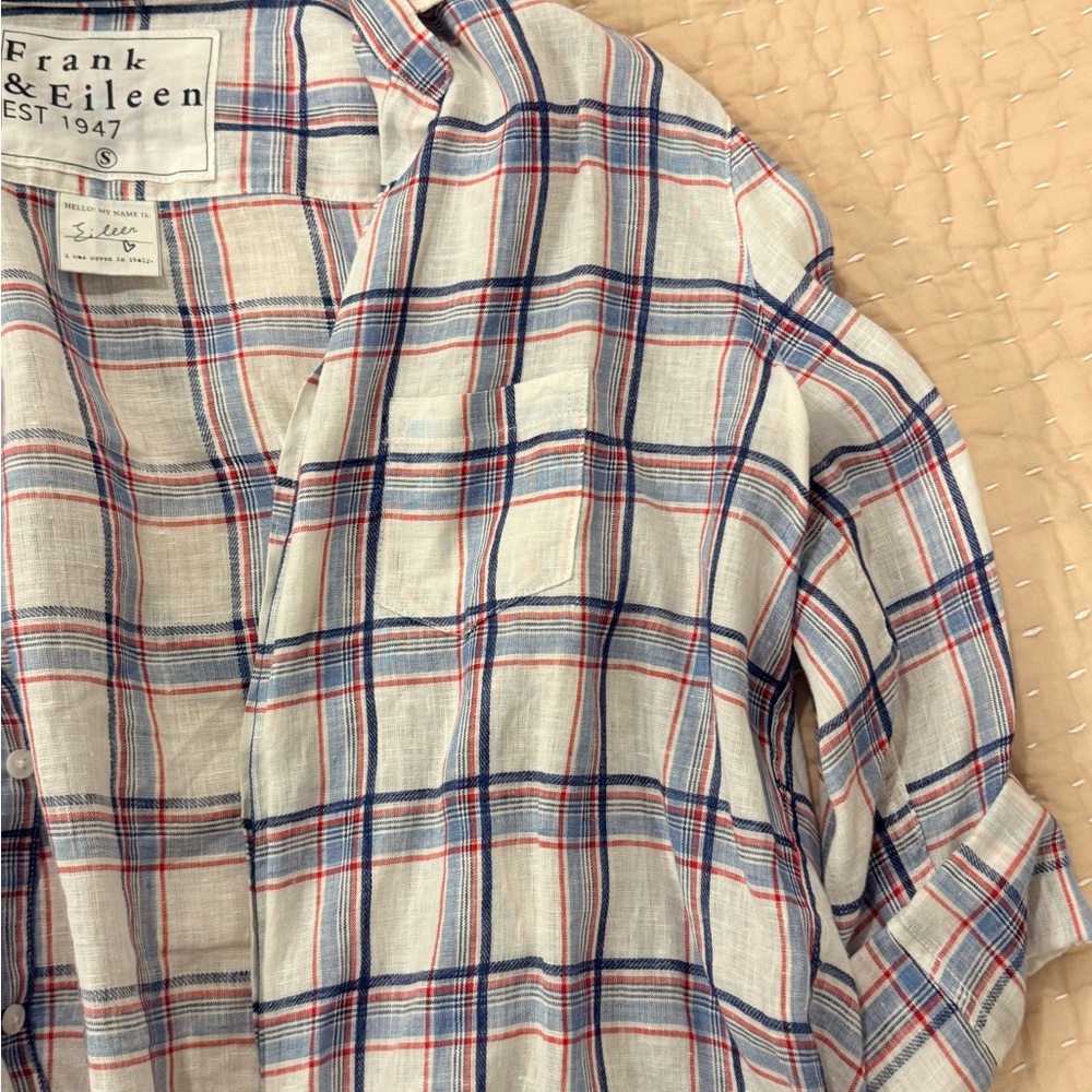 Frank & Eileen “Eileen” White and Red/Blue Plaid button up linen Shirt.